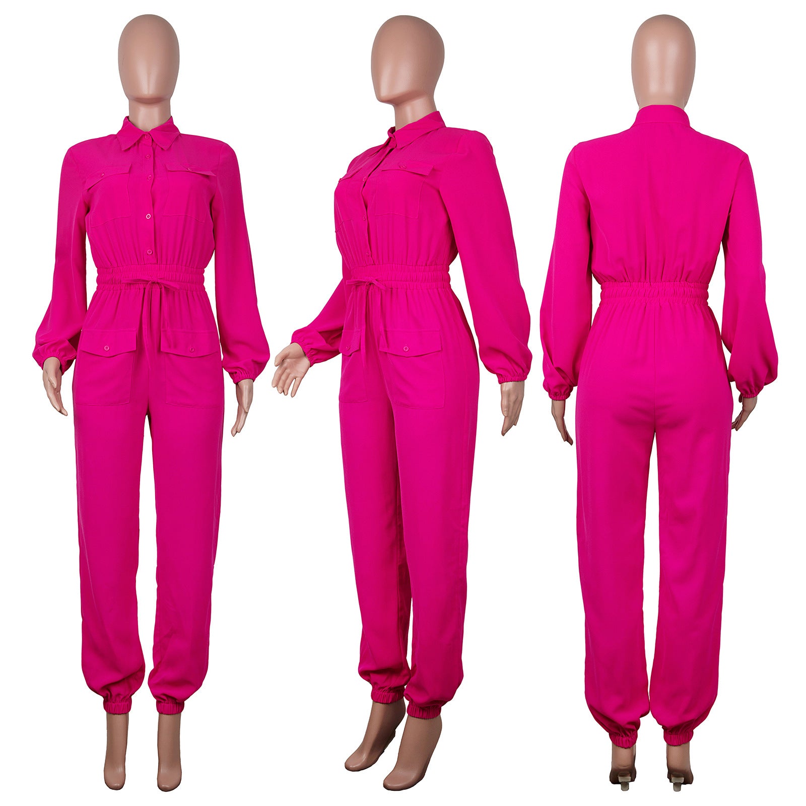 Women'S Classic Casual Solid Long Sleeve Button Up Overall Cargo Jumpsuit 9