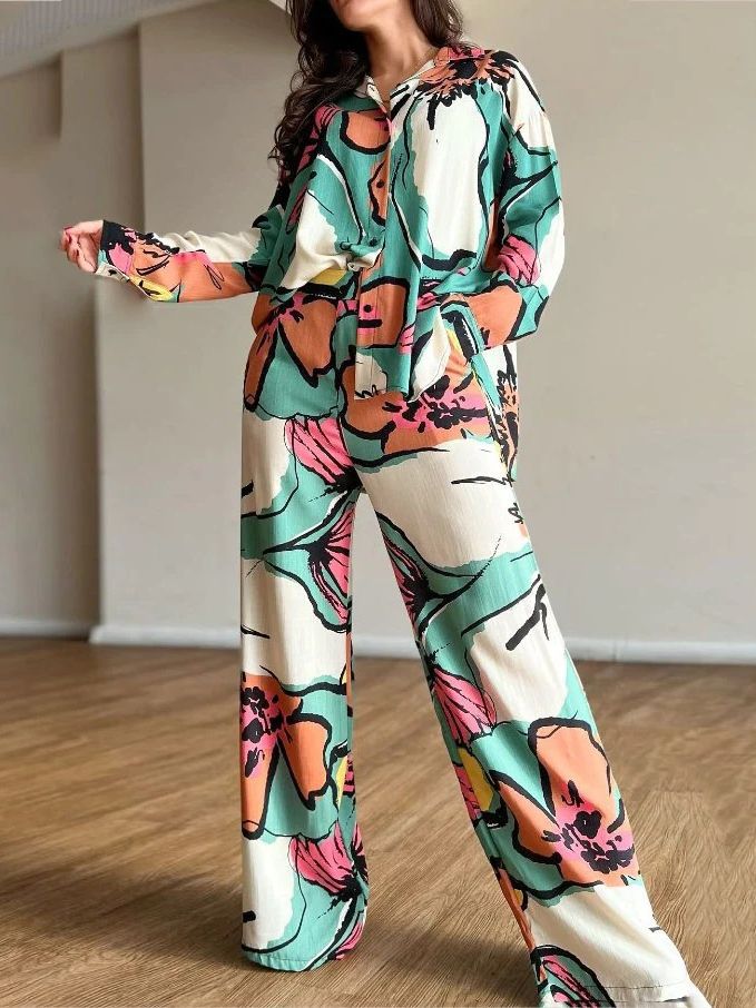 Chic Women's Plus Size Print Career Shirt High Waist Wide Leg Pants Two Piece Set 6