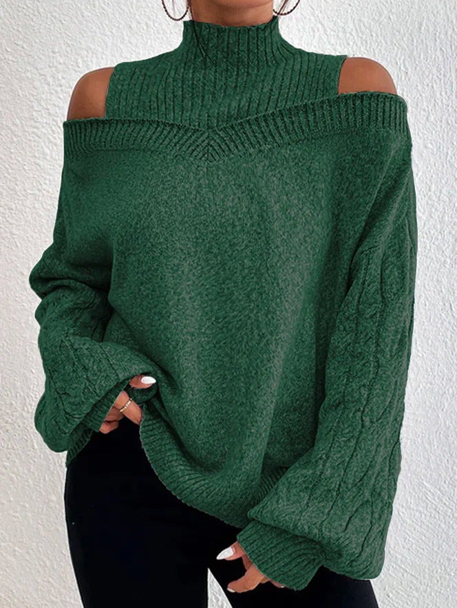 Women off-shoulder turtleneck loose sweater 3