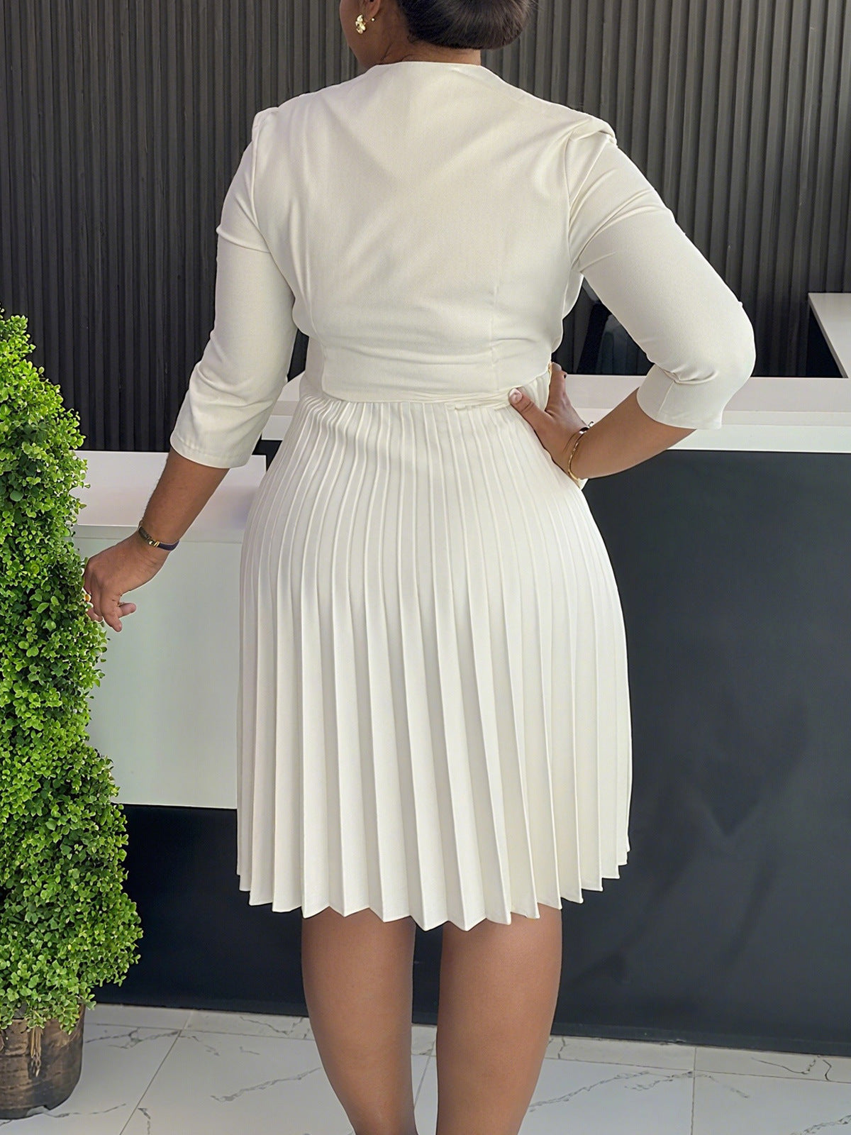 Plus Size Women Winter Turndown Collar Pleated Shirt Dress