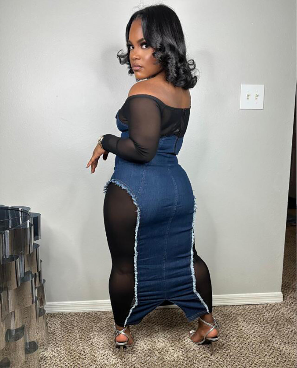 Women's Autumn Sexy Mesh See-Through Top Denim Bodycon Skirt Suit 5