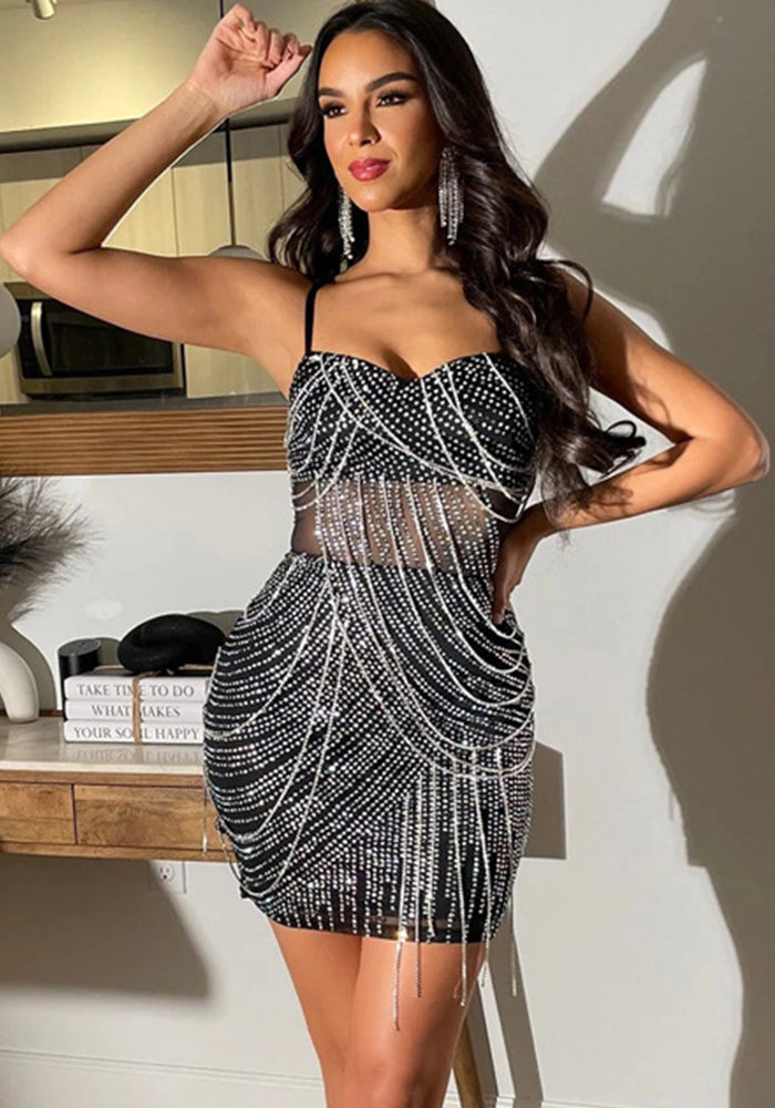 Women's Mesh Patchwork Sexy Strap Beaded Chain Party Dress