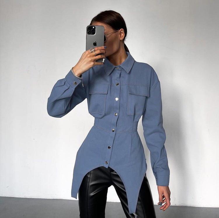 Women's Fall Irregular Turndown Collar Long Sleeve Fashion Shirt 4