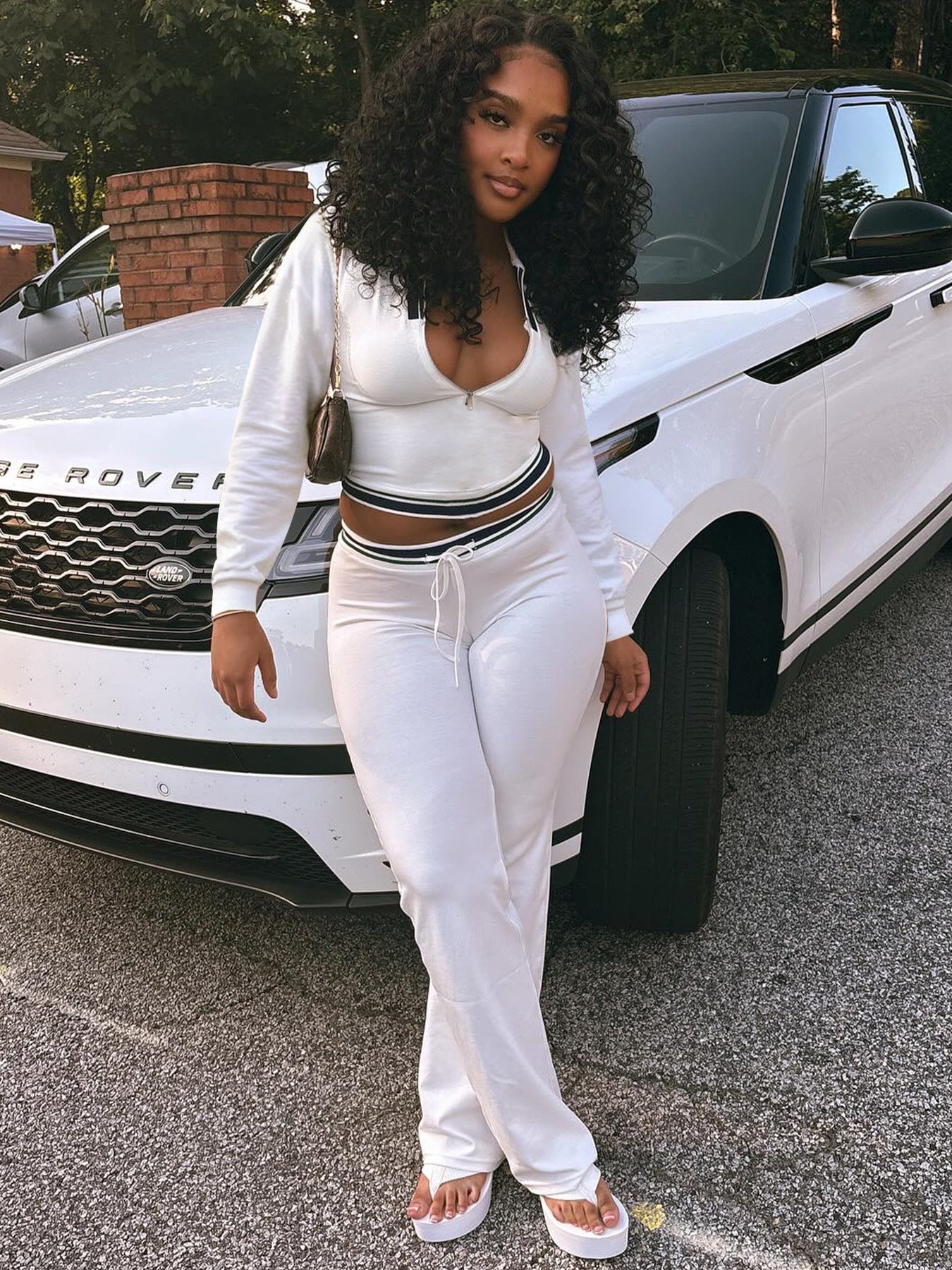 Women Turndown Collar Half-Zip Top and Drawstring Wide-Leg Pants Casual Athletic Two-Piece Set 25