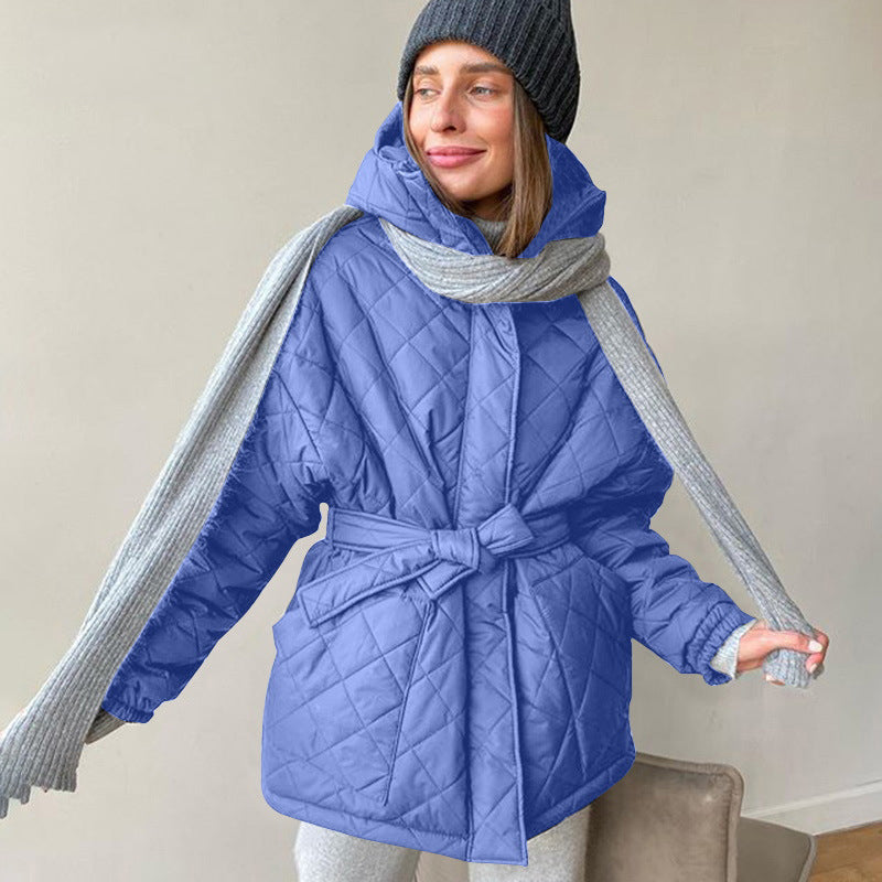 Women's Winter Clothes Slim Fit Lace-Up Turndown Collar Long Sleeve Long Style Hooded Cotton-Padded Jacket 3