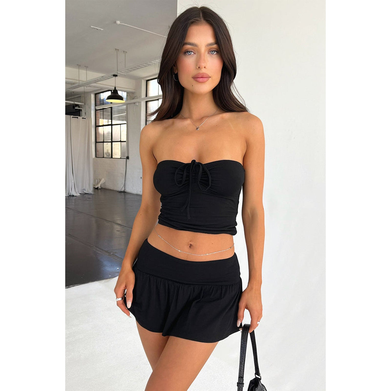 Women Sexy Strapless Pleated Top and Pants and Skirt Two-piece Set 4