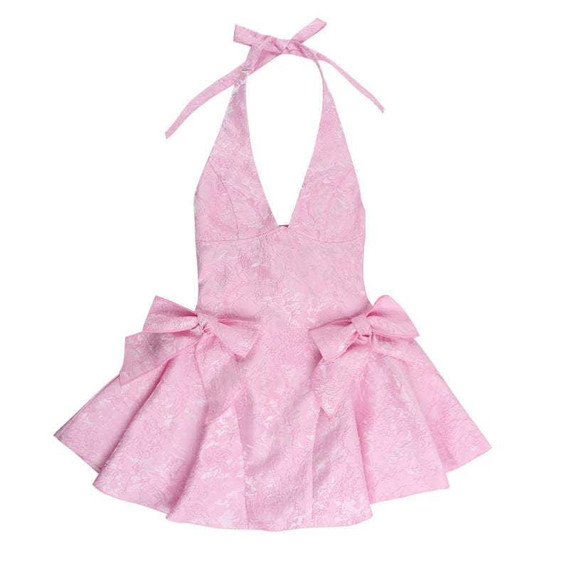 Women's Sexy Sleeveless Halter Neck Jacquard V-Neck Bow Dress 9