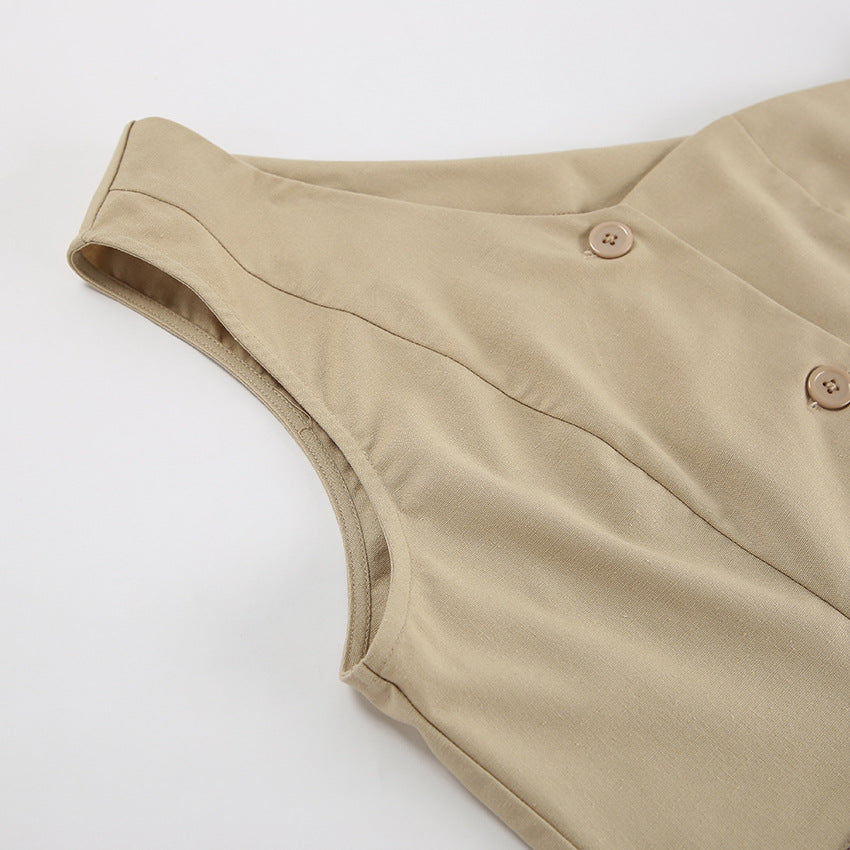 Spring Summer Linen Sleeveless Slash Shoulder Vest Wide Leg Pants Fashionable Two-Piece Set 11