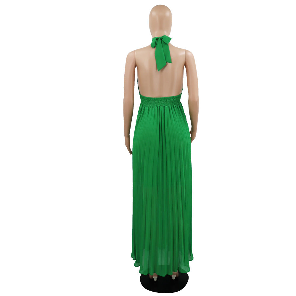 Sexy Halter Low Back Straps Solid Color Chiffon Pleated Dress 10