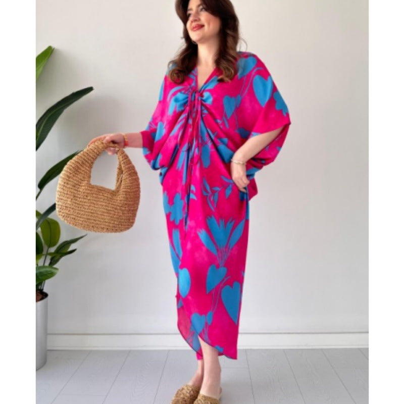 Fashion Printed Bat Sleeves V-Neck Drawstring Irregular Loose Dress 6