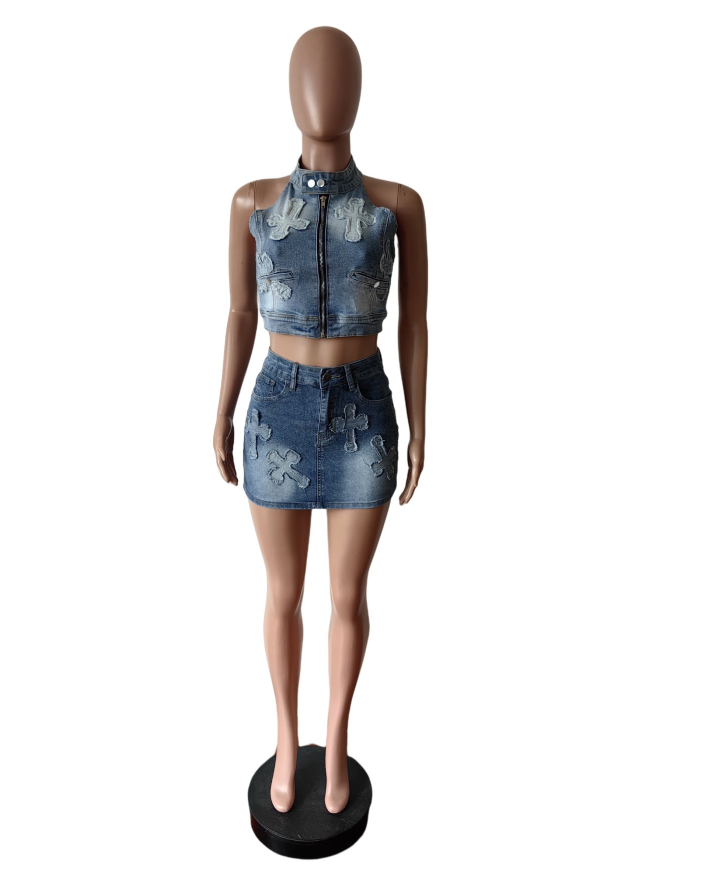 Women Stretch Embroidered Denim Vest And Mini Skirt Two-piece Set 5