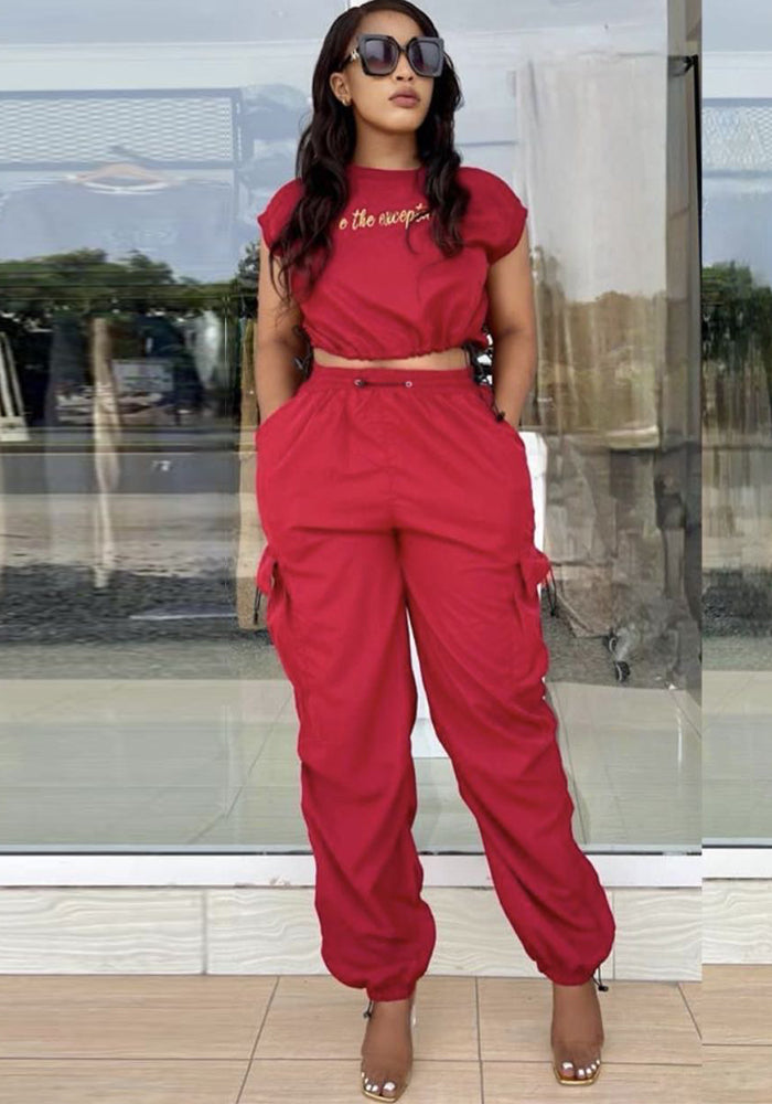 Women Round Neck Short Sleeve Top and Pants Casual Two-piece Set