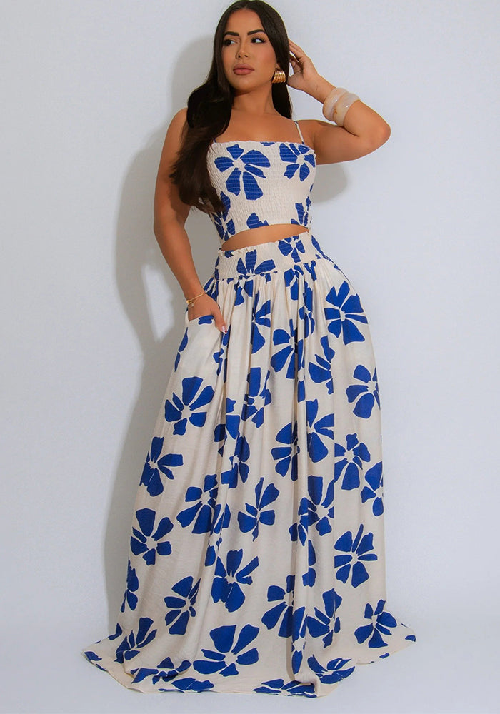 Women's Summer Bohemian Strap Top Swinging Skirt Two Piece Set