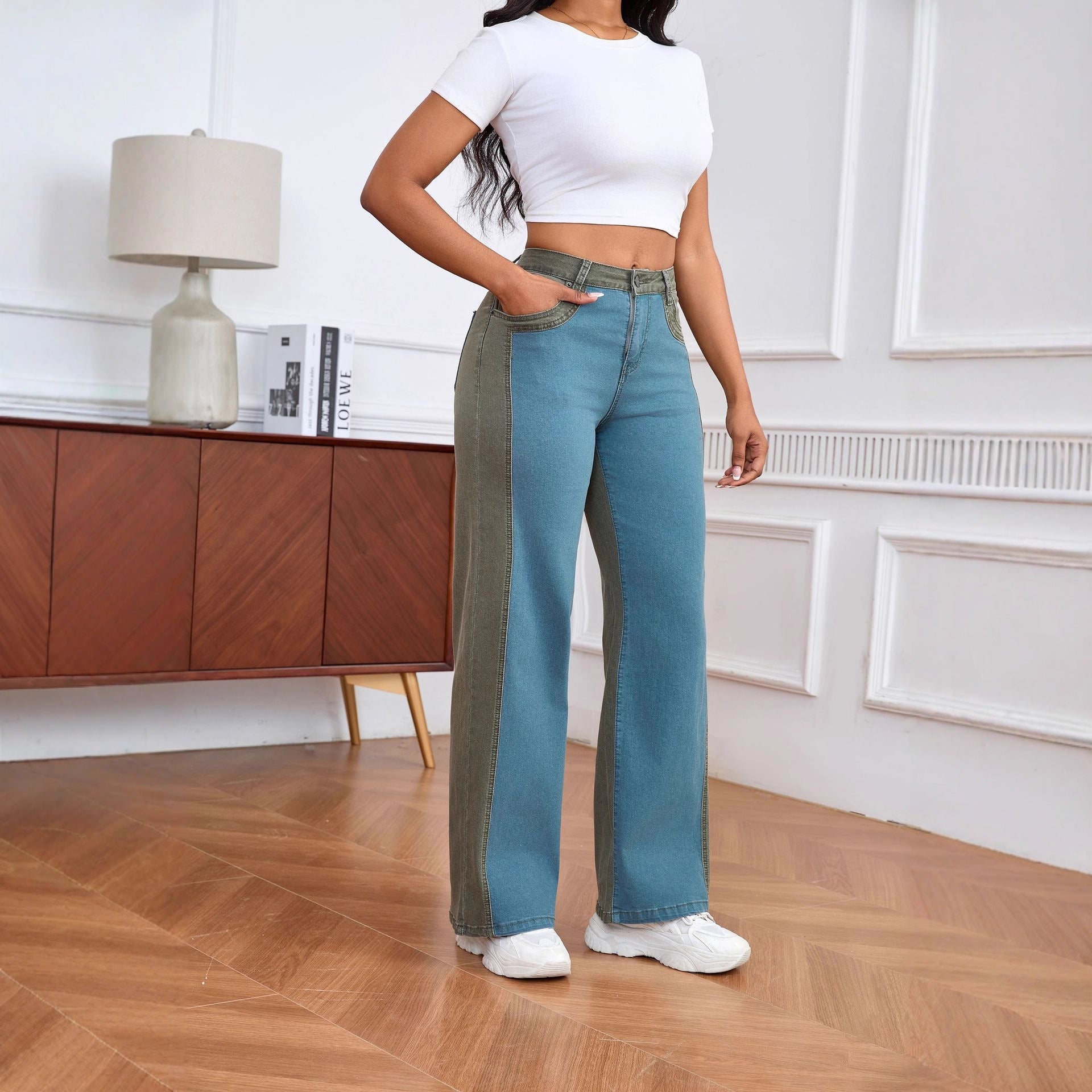 Women Patchwork Wide-Leg Denim Pants, Fall American Style Contrast Color Pants 4