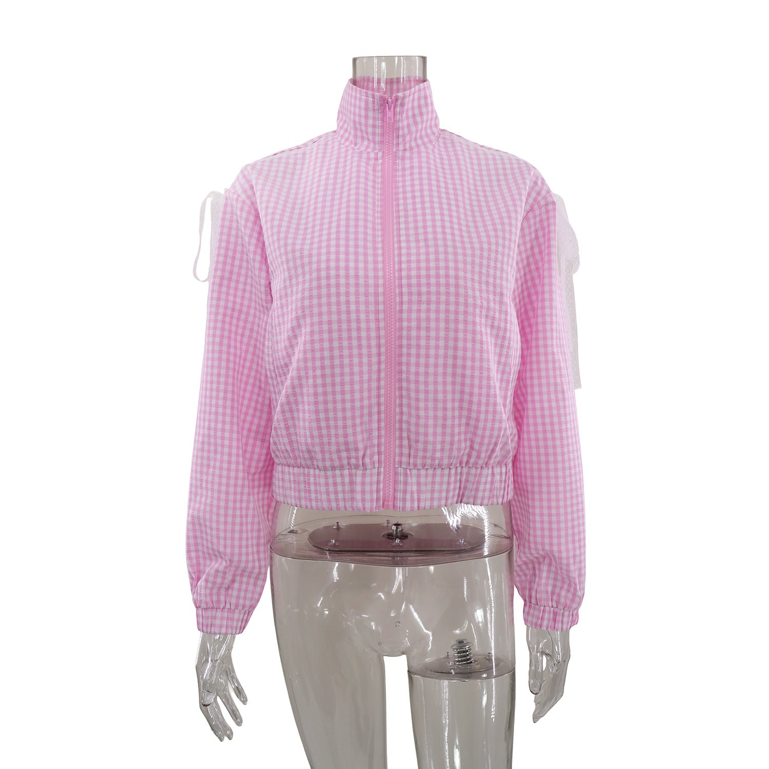 Women fall/winter plaid long-sleeved zippered lace bow jacket 11