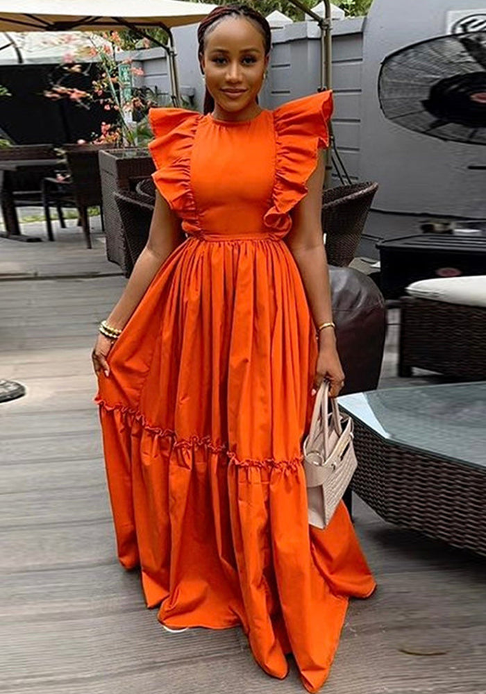 Women Summer Chic Ruffle Short Sleeve Round Neck Maxi Dress