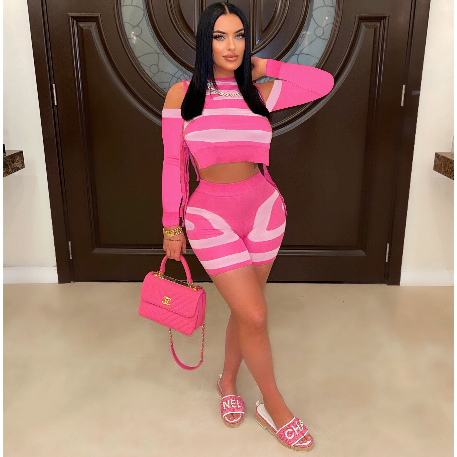 Women's Cutout Lace-Up Print Casual Knitting Two-Piece Shorts Set 7