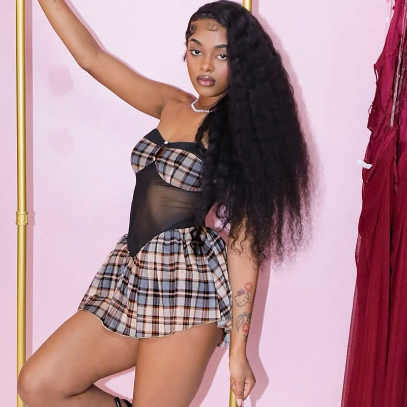 Women's Strapless Low Back Pleated Plaid Patchwork Mesh Dress