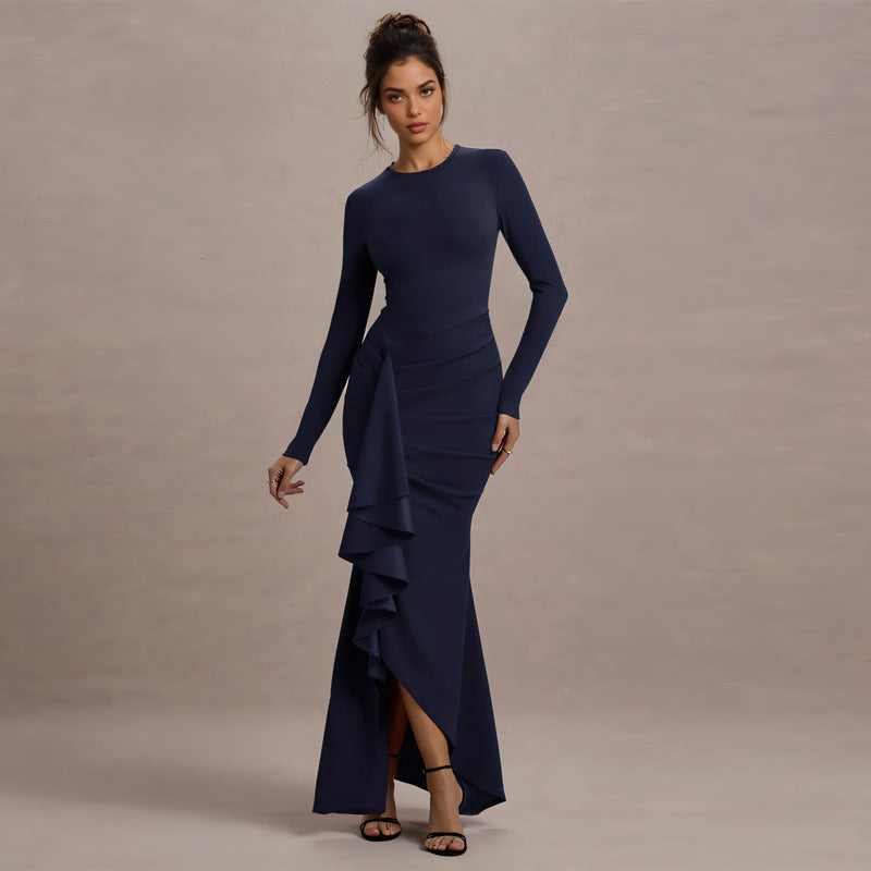 Long-Sleeve Thin Strap Slim Dress with Flounce for Fall and Winter 6