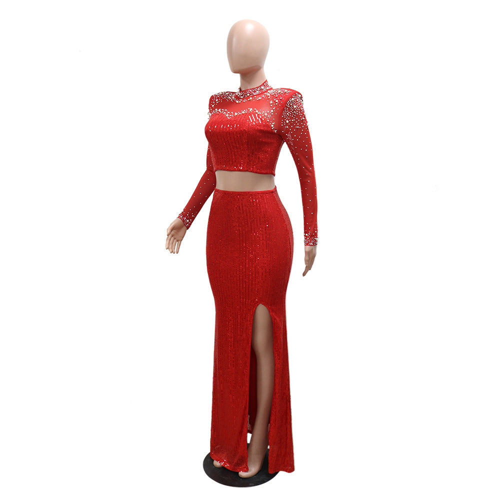Fashionable Round Neck Mesh sequined long-sleeved top high slit skirt two-piece set for women 12