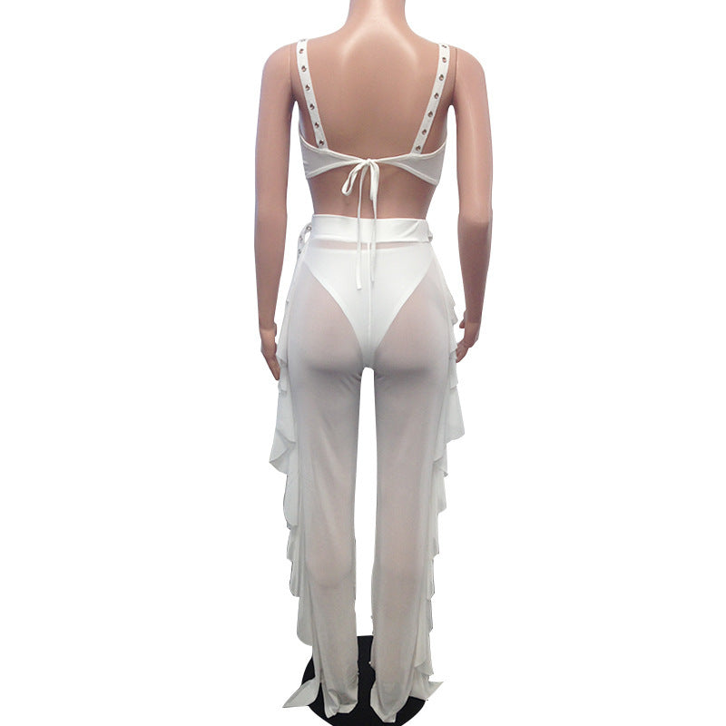 Women's Sexy Mesh Beading Mesh Ruffle Pants Set 8