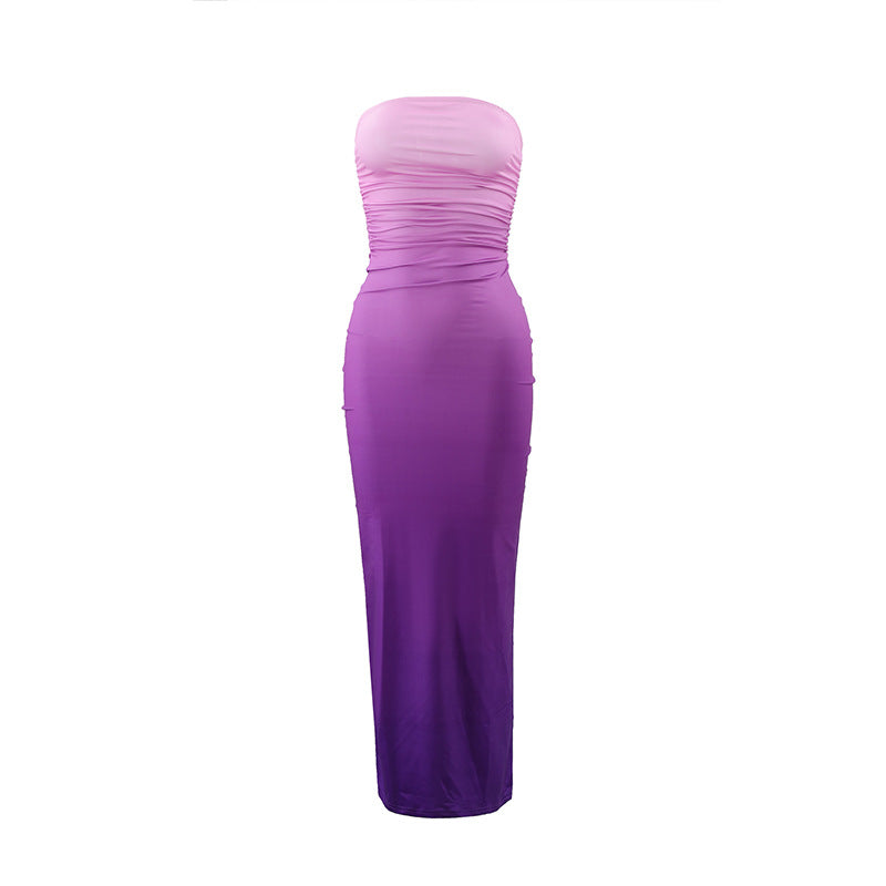 Women Summer Sexy Strapless Gradient Maxi Dress 10