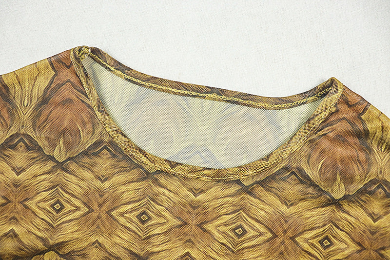 Elegant Women's Slim Waist Semi-Sheer Printed Round Neck Long Sleeve A-Line Dress 11