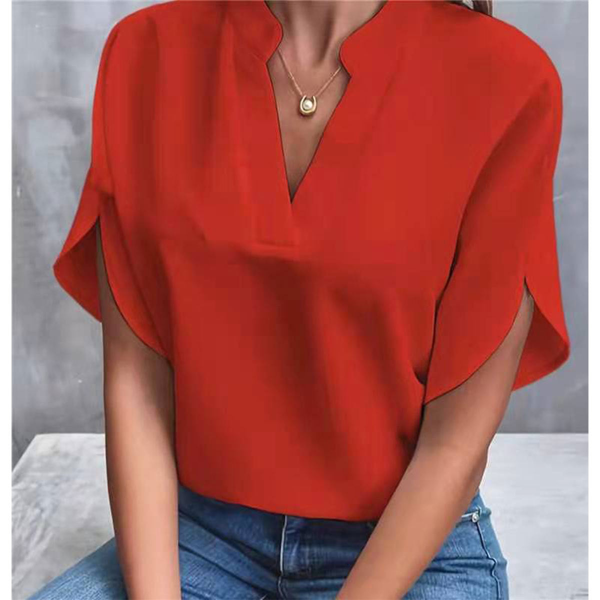 Summer V-Neck Shirt Women Solid Color Casual Short-Sleeved Pullover Blouse 15