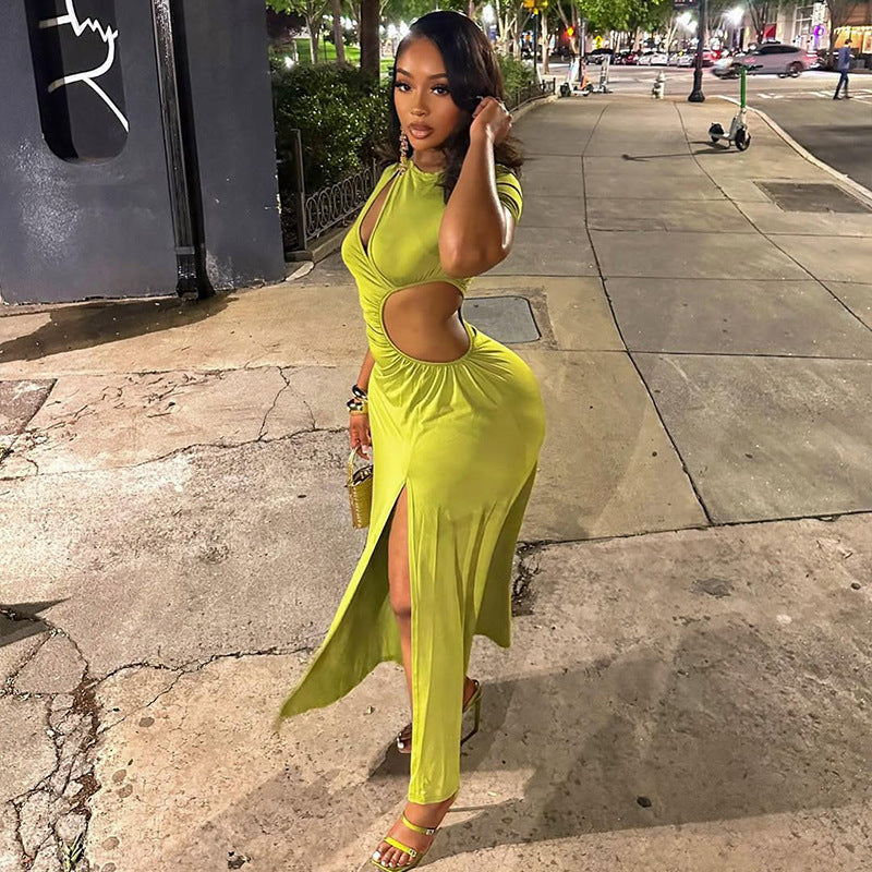 Chic Women's Fashion Cut-Out Slit Irregular Round Neck Solid Color Pleated Dress 6