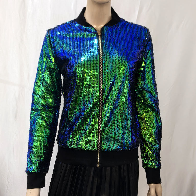 Women's Tops Fashion Color Block Sequin Style Short Zipper Jacket Coat 7