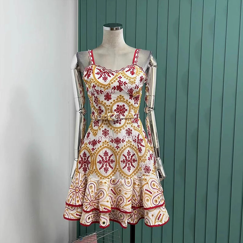 Summer Style Embroidery Sexy Strap Ruffle Slim Waist Women Short Dress 7