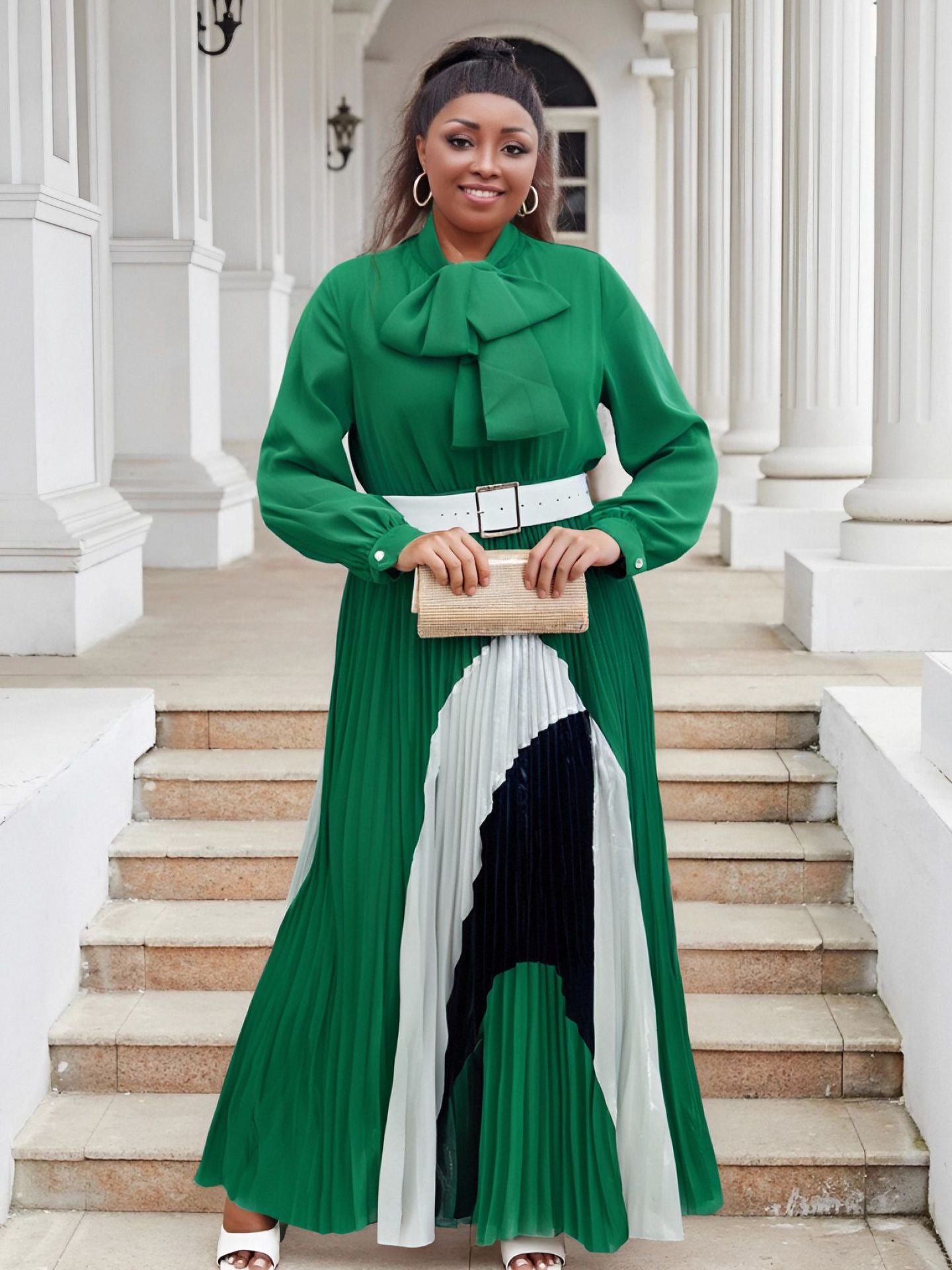 Plus Size Women lace-up long sleeve color matching pleated dress 8