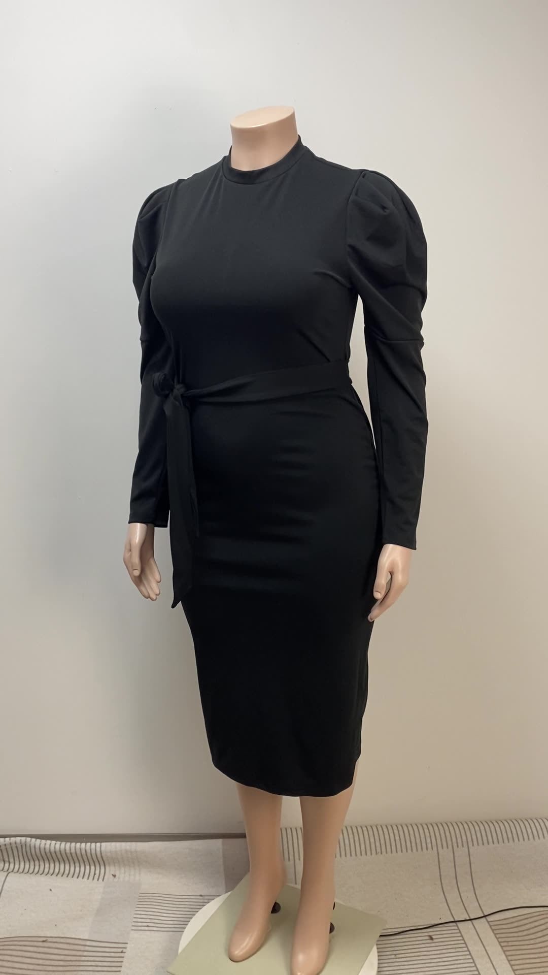 Plus Size Women Casual Elegant Puff Sleeve Round Neck Solid Dress 8