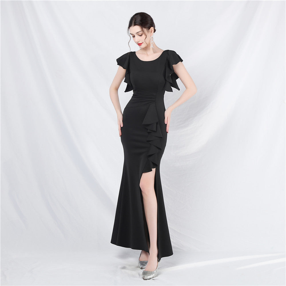 Women Ruffles Short Sleeve Slit Party Evening Dress