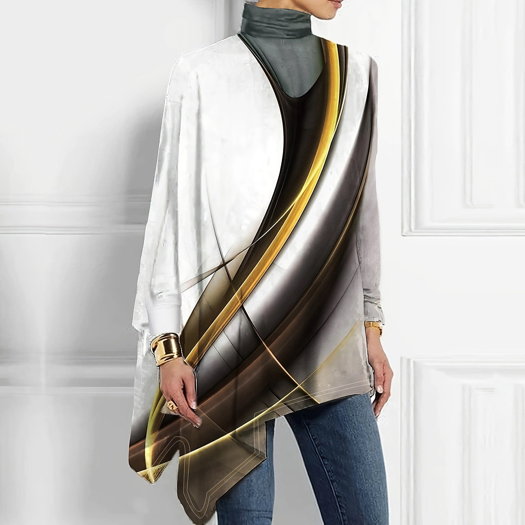 Christmas Women Printed Loose Turtle Collar Casual Irregular Top