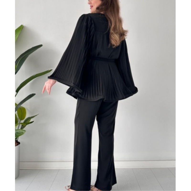 Women's Fashion Casual Belt Pleated Loose Top Wide Leg Pants Two Piece Set 8