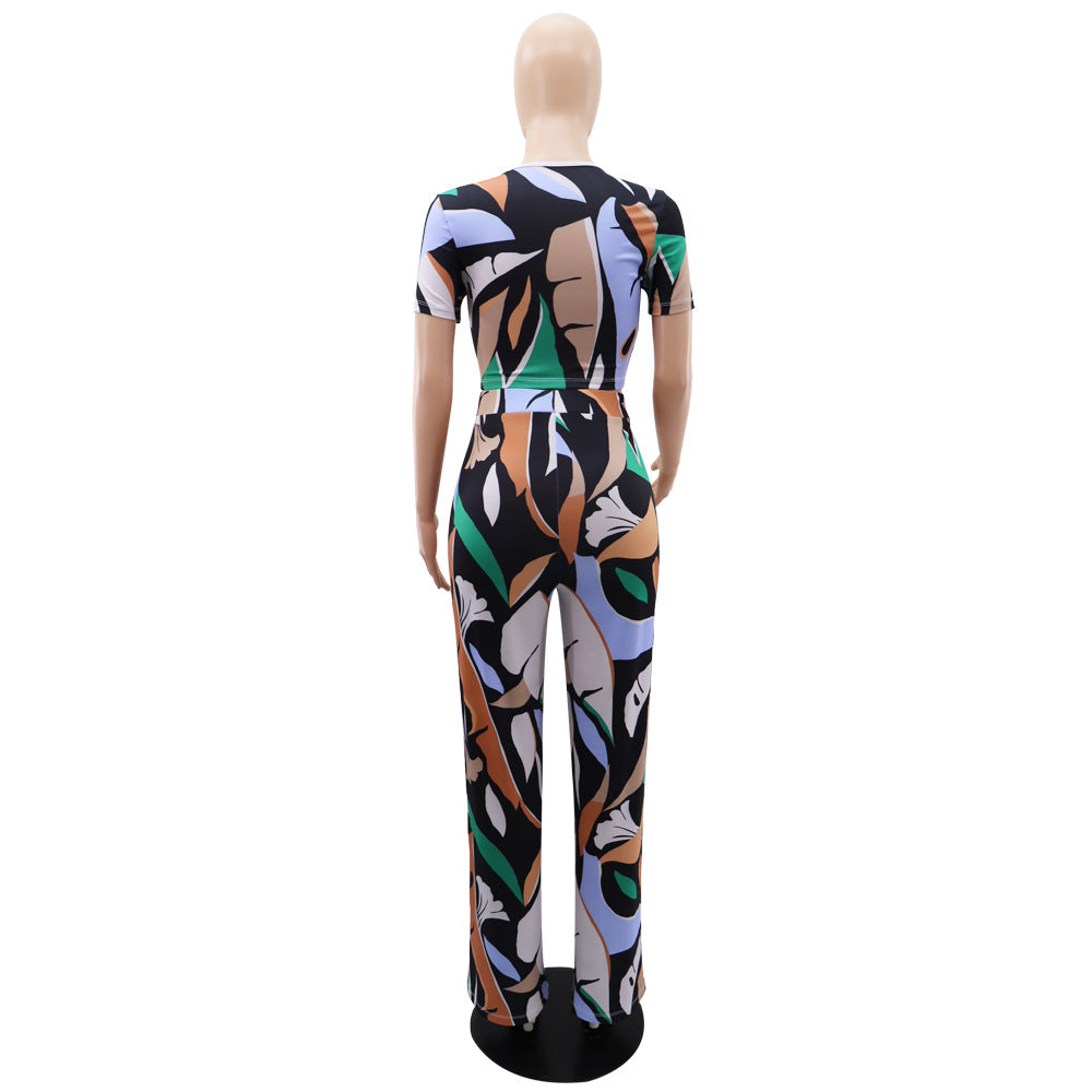 Women printed short-sleeved Casual Top and high-waisted trousers two-piece set 11