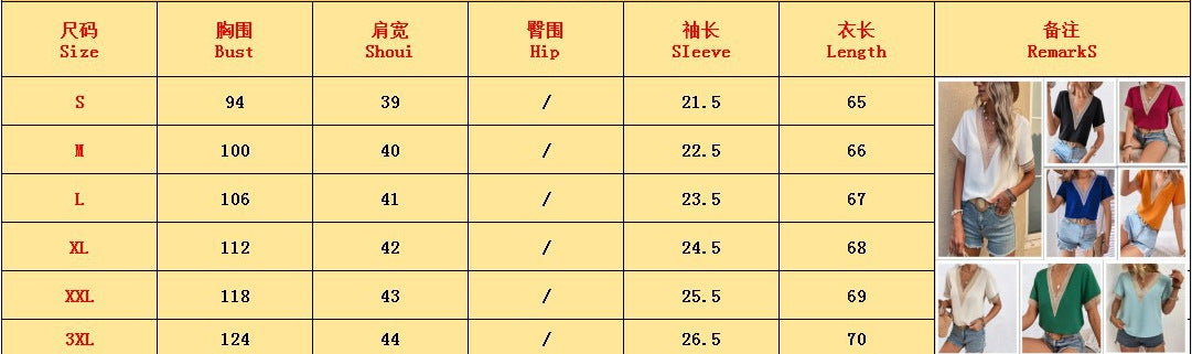 Women's V-Neck Lace Loose Blouse Chic Career Short Sleeve Women's Shirt 40