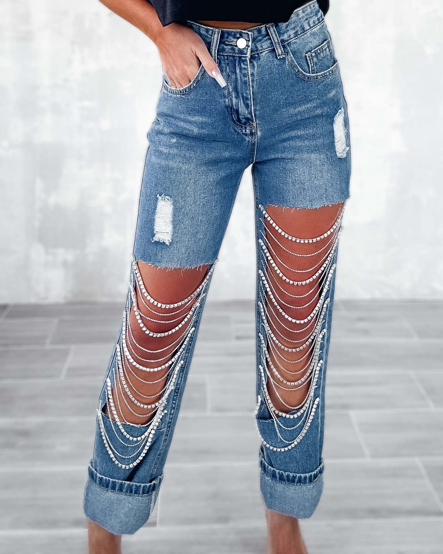 Spring Women's Chain Ripped Denim Pants 6