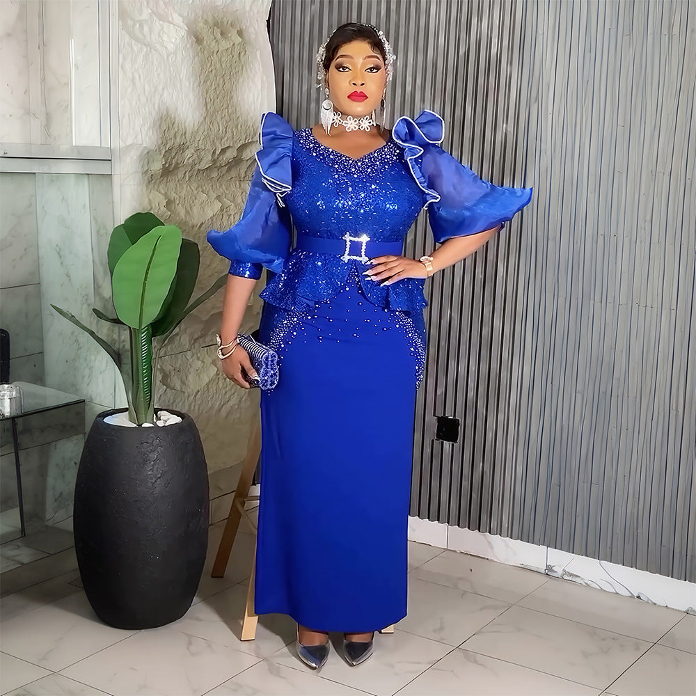 African Plus Size Women's Fashion Puff Sleeve Party Dress Beaded Sequin High Waist Gown 3