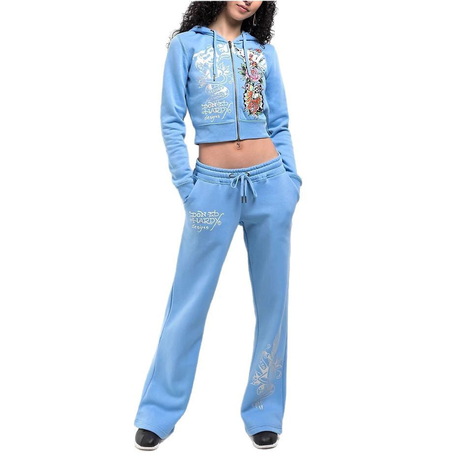 Women Street Casual Print Zipper Hooded Top and Pants Two-Piece Set 6