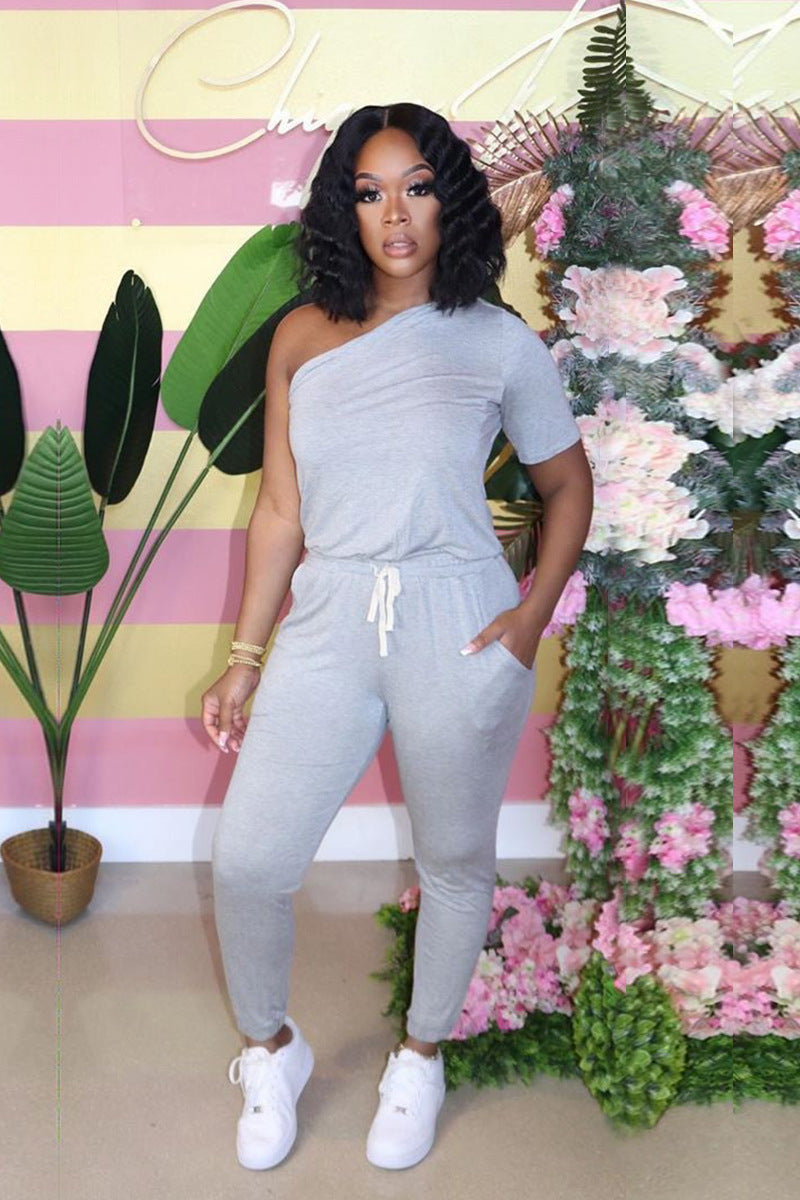 Sexy Women's Slash Shoulder Half Sleeve Solid Color Slim Fit Women's Sports Jumpsuit 14