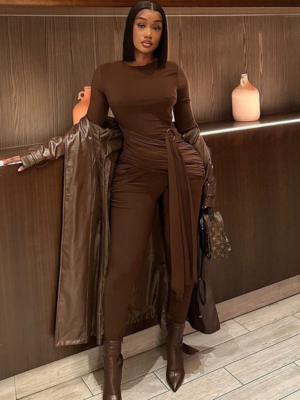 Women Solid Color One-Piece Lace-Up Round Neck Long Sleeve Tight Fitting Fitness Jumpsuit