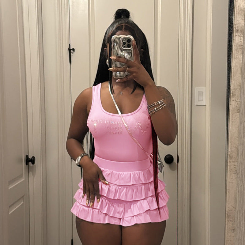 Women's Spring-Summer Beaded Wide Strap Vest with Ruffled Shorts Two Piece Set