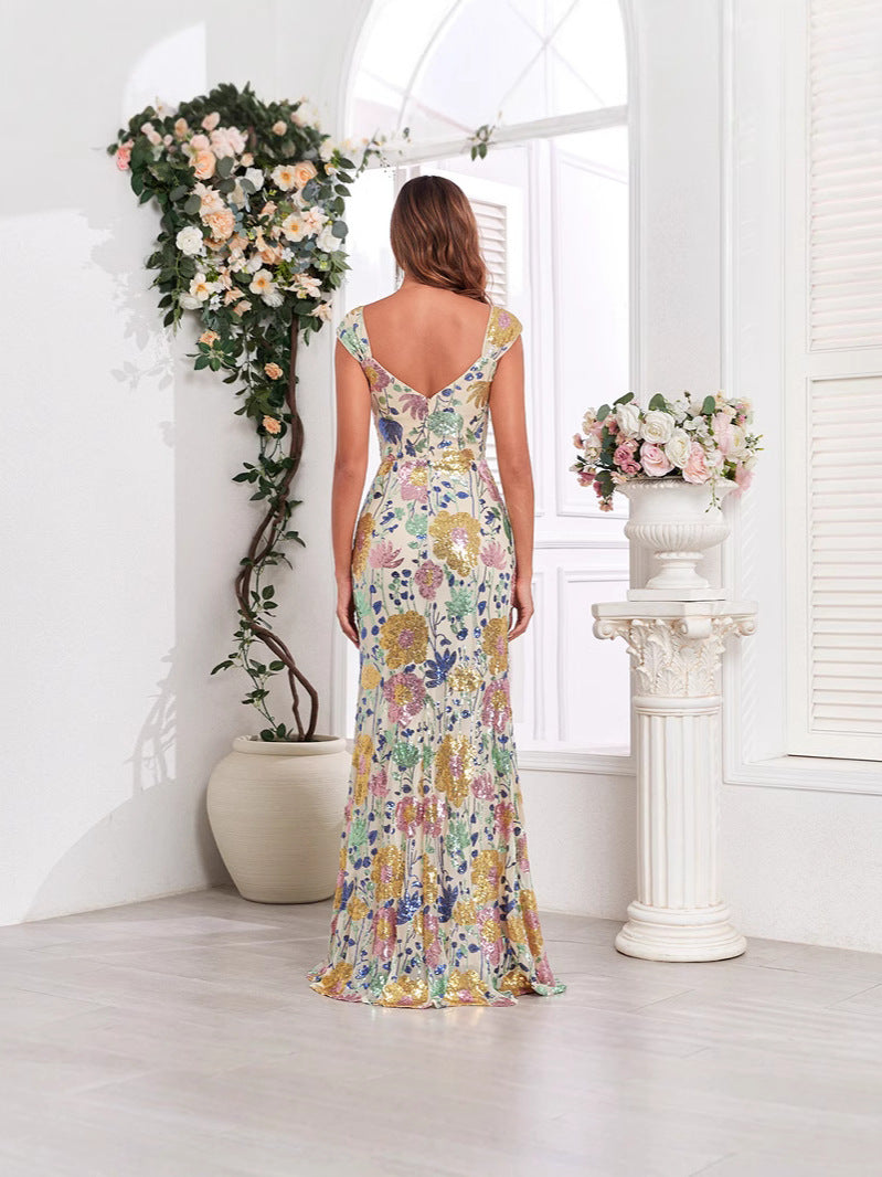 Women's Sleeveless Elegant Evening Dress  V-Neck Sequin Embroidered Party Mermaid Dress