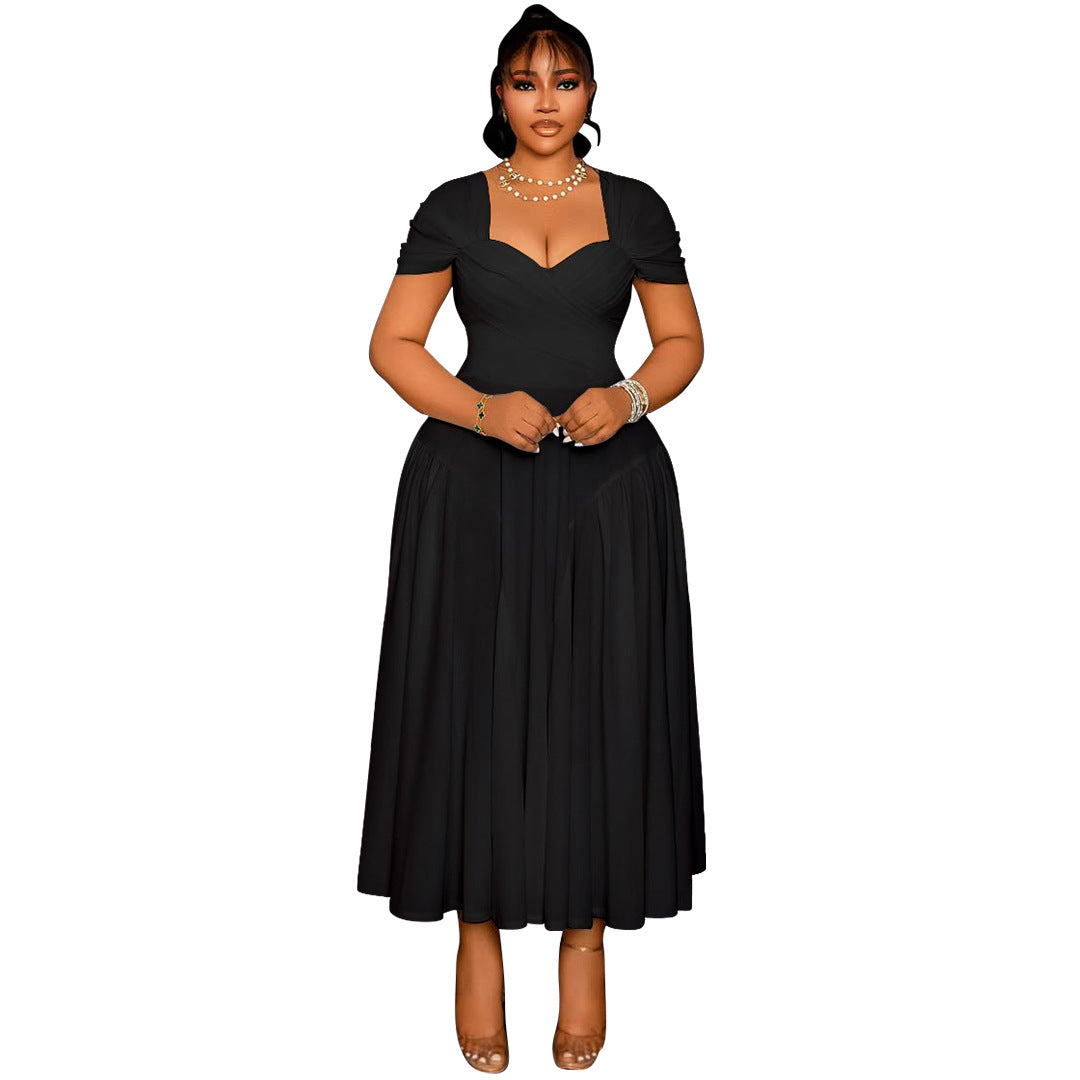 Plus Size Women's Fashion Elegant Square Neck Slim Waist A-line Long Dress 9