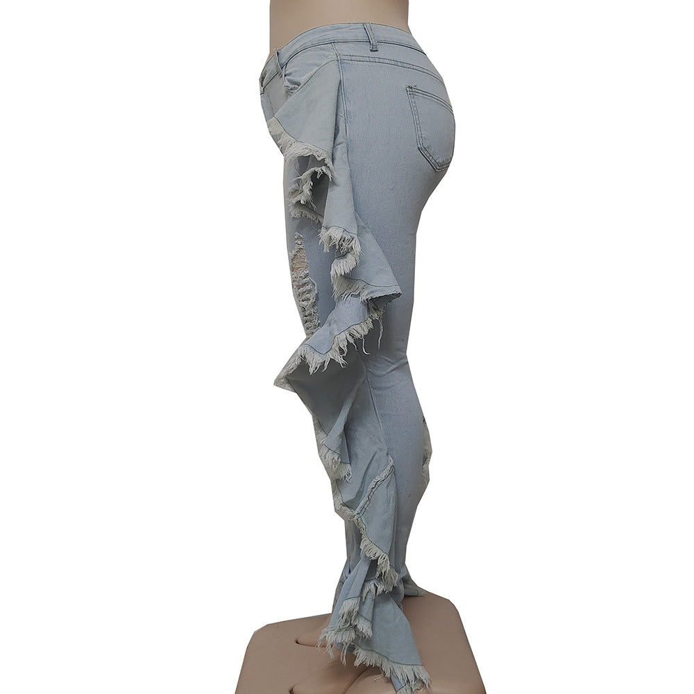 Women's Denim Pants Streetwear Casual Frayed Side Ruffles Tight Fitting Stretch Jeans 8