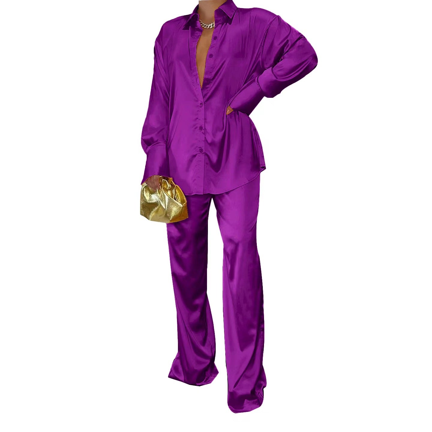 Solid Color Satin Long Sleeve Casual Two Piece Pants Set Trendy Lounge Wear 10