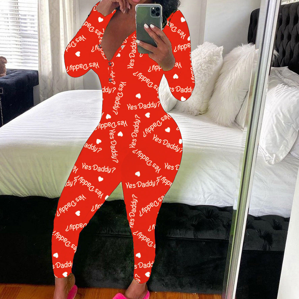 Women's Sexy Fashion Pattern Print Deep V-Neck Long Sleeve Tight Slim Jumpsuit 11