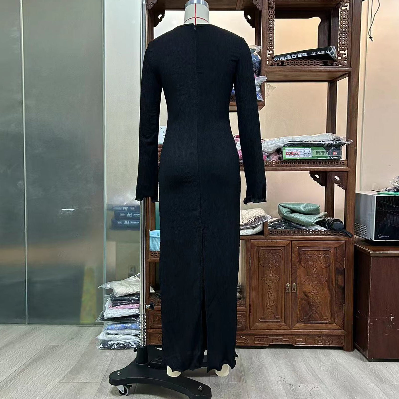 Women Flower Decoration V-Neck Long Sleeve Solid Color Slit Long Dress 9